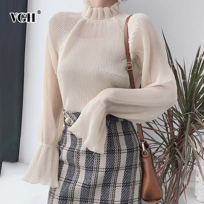 VGH Весенняя винтажная женская рубашка с рюшами рукавами-фонариками