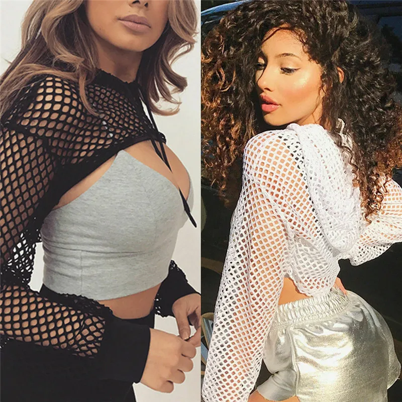 

Women Cut Out Fishnet Mesh Crop Tops Hooded Sweatshirts Casual Pullover Hoodie Bikini Cover-Ups Swimsuit Bathing