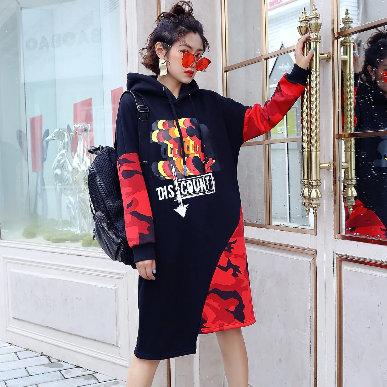 Vefadisa Pattern Print Hooded Sweatshirt Women Black Camouflage Patchwork Sweatshirts Irregular Pullover Long ZLD379 | Женская одежда