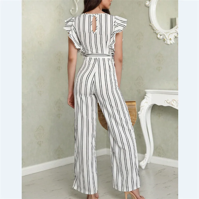 Women Lady V Neck Loose Playsuit Party Ladies Romper Sleeveless Long Jumpsuit High Waisted Vertical Stripe | Женская одежда