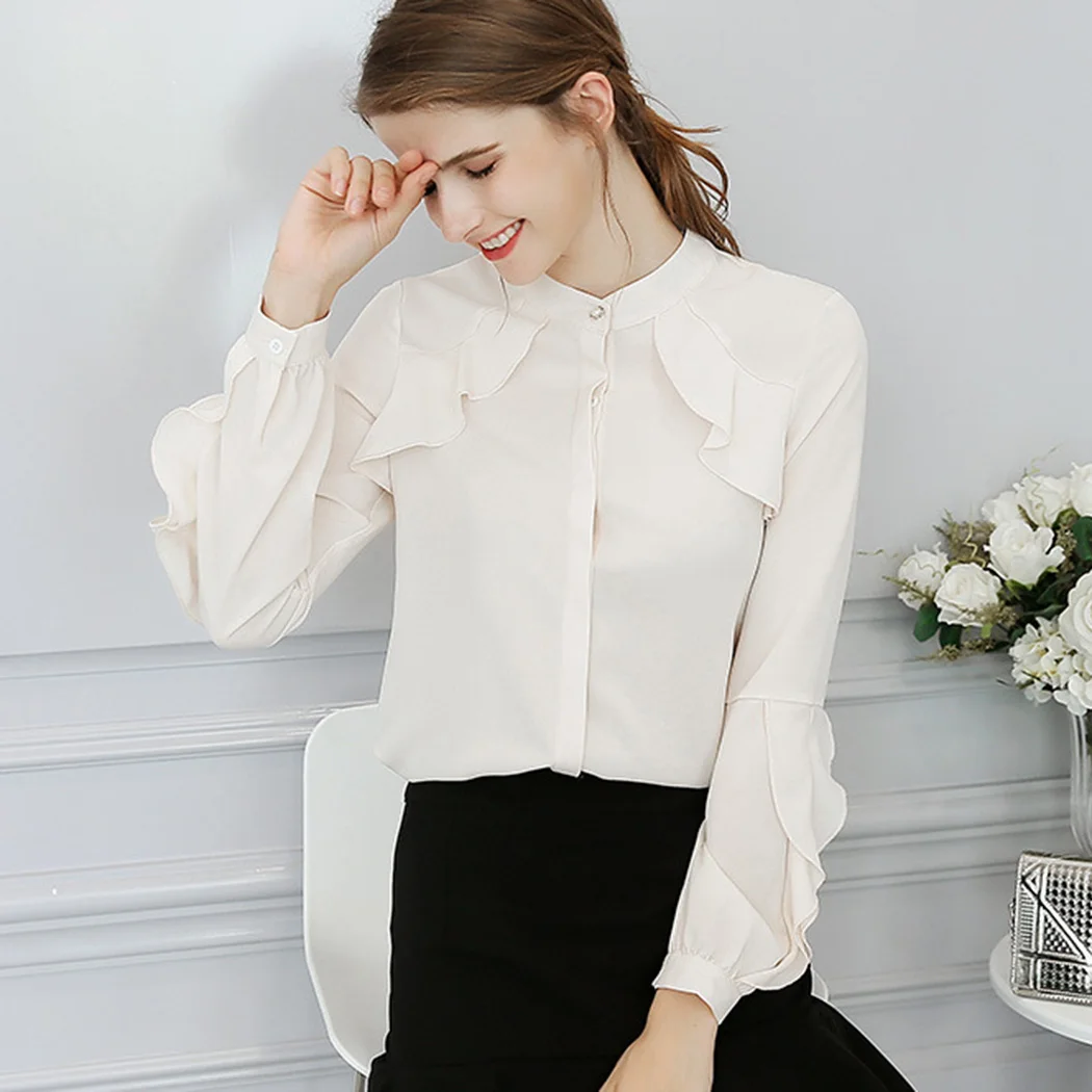 Элегантные блузы из шифона с воланами для женщин, модные офисные рубашки, летние топы с длинными рукавами однотонные туники "Блузы Он"