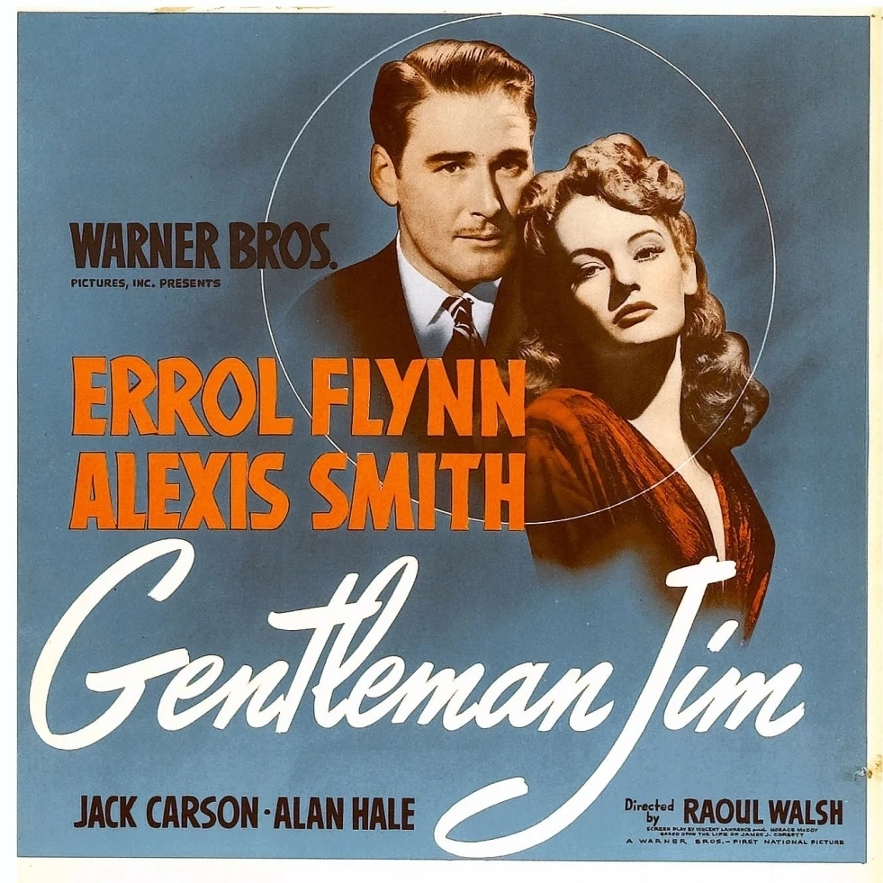 Джентльмен Джим. Изображение на оконной картефильной карточке с Эрролом Флинном и Алексис Смит в фильме 1942 года. Постер фильма Мастерпринт (24 х 36).