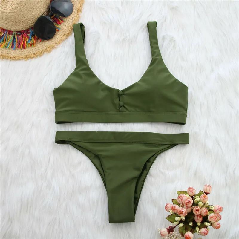 Женский однотонный купальник бикини пуш ап без косточек треугольный лето