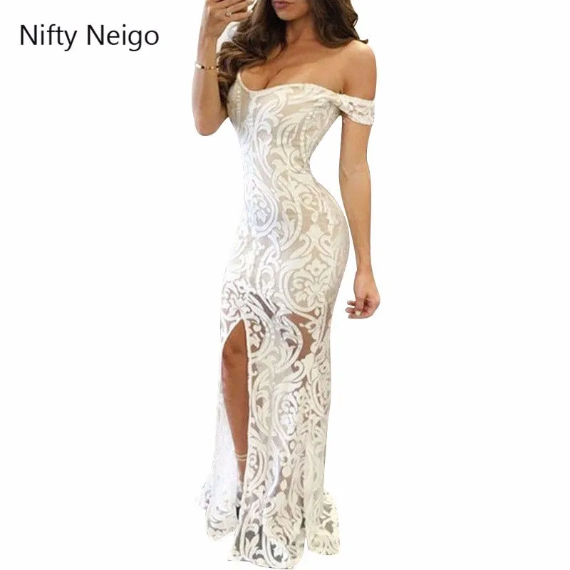 Nifty Neigo Sexy Women Lace Dress Slash Neck Split White Party Summer Sheath Maxi Vestidos | Женская одежда