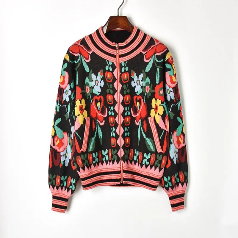 Jacquard Knit Cardigan Sweater 2018 Winter Hit Color Flower Print Long Sleeve Coat Women Zipper Knitted Baseball Jacket |