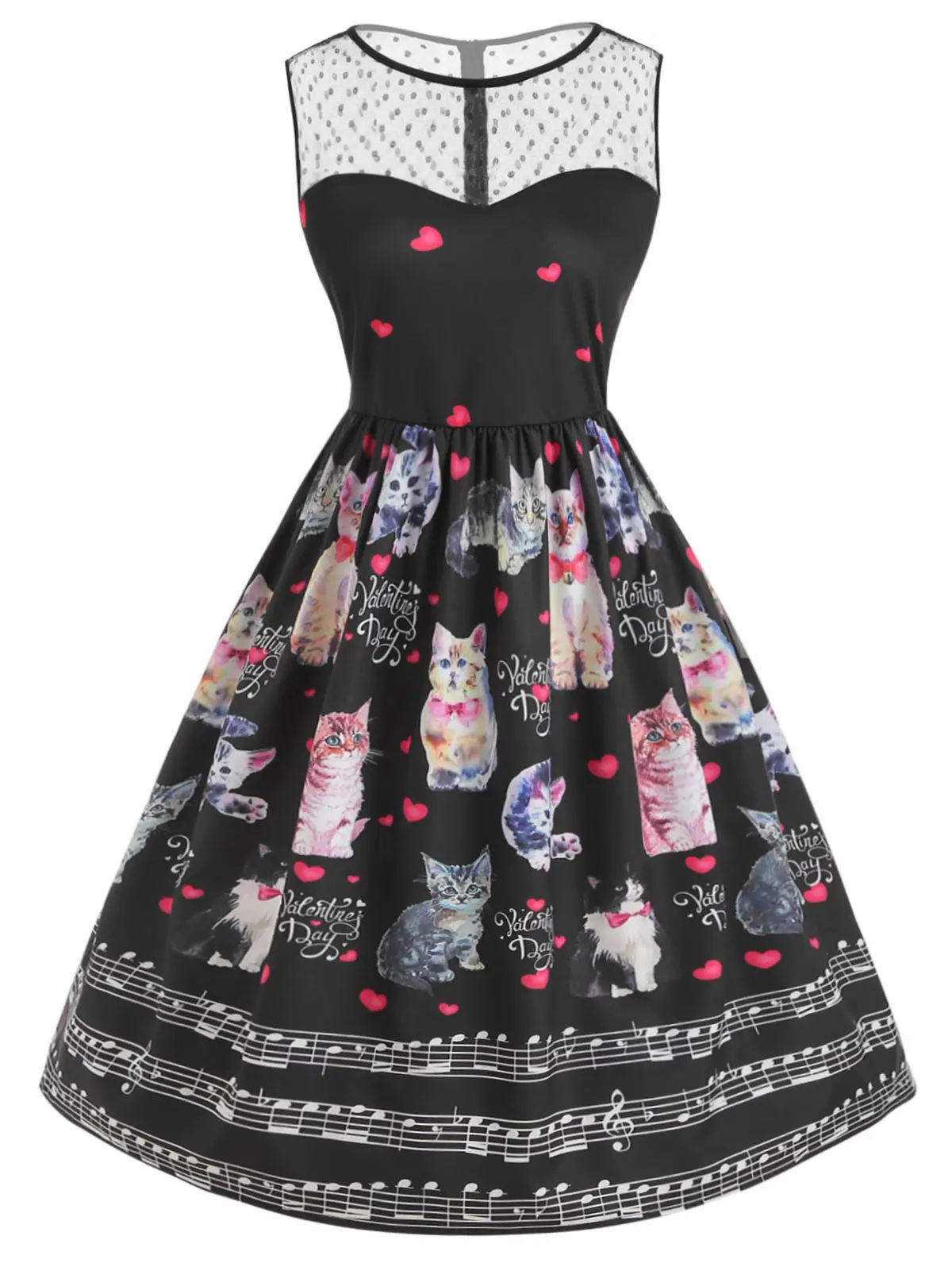 Wipalo Women Plus Size Cat Print Valentine A Line Vintage Dress O Neck Sleeveless Knee-Length Lace Panel 5XL Retro Vestido | Женская