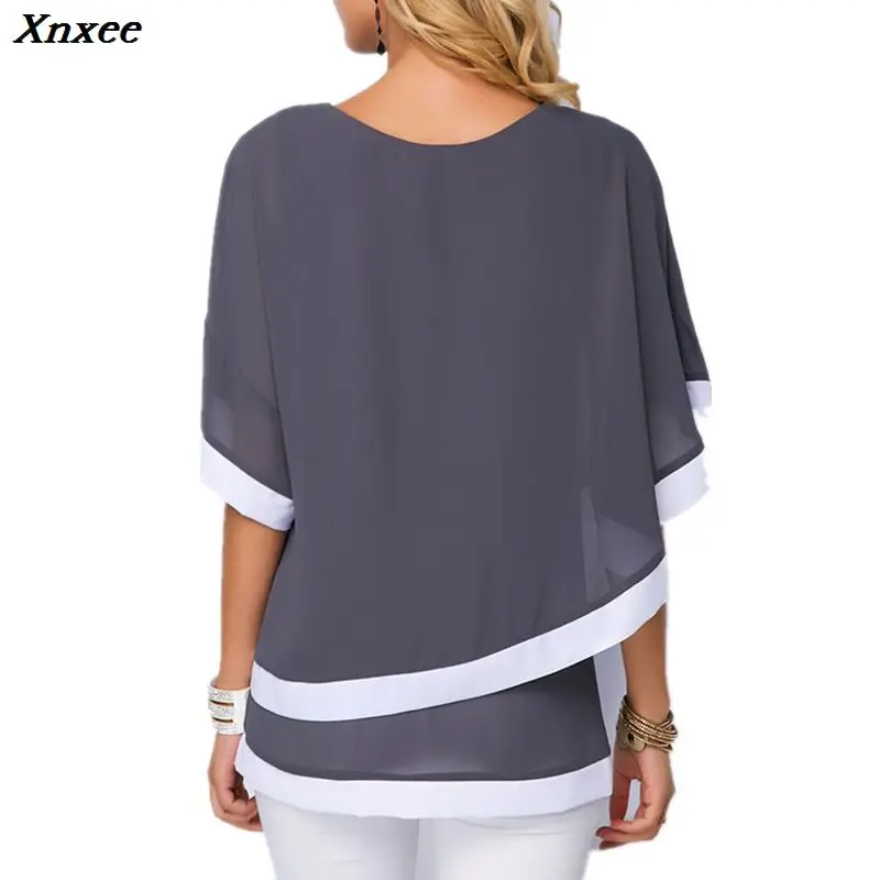 

Xnxee Plus Size S-5XL Chiffon Patchwork Irregular Blouse Shirts Casual Sexy Batwing O Neck Women Summer Blouses Tops Shirt New