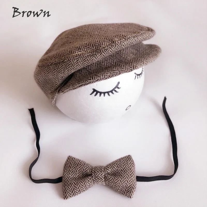 Baby Newborn Peaked Beanie Cap Hat +Bow Tie Photo Photography Prop Outfit Set Fashion Instagram Photoes-taking Accessory | Детская