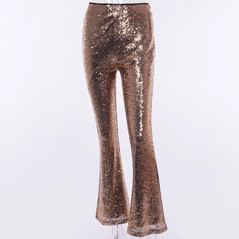 Womens Sequined High Waist Pants Party Bell Bottoms Casual Long Shining Trousers | Женская одежда