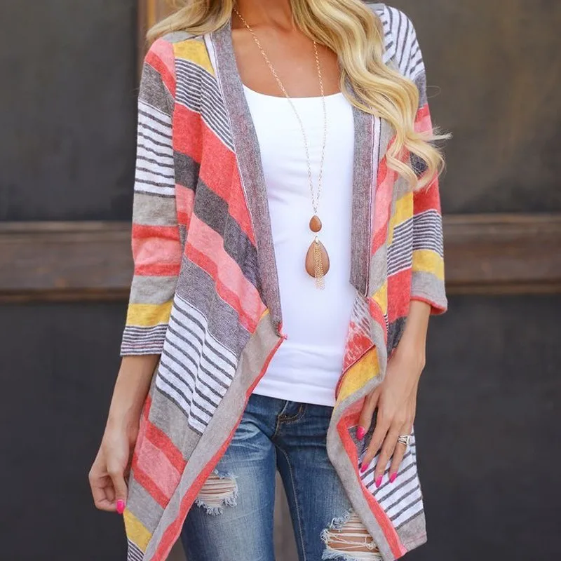 Jocoo Jolee Women Colorful Striped Knitted Sweater 3/4 Sleeve Irregular Cardigans 2019 New Fashion Loose Coat Casual Outwear |