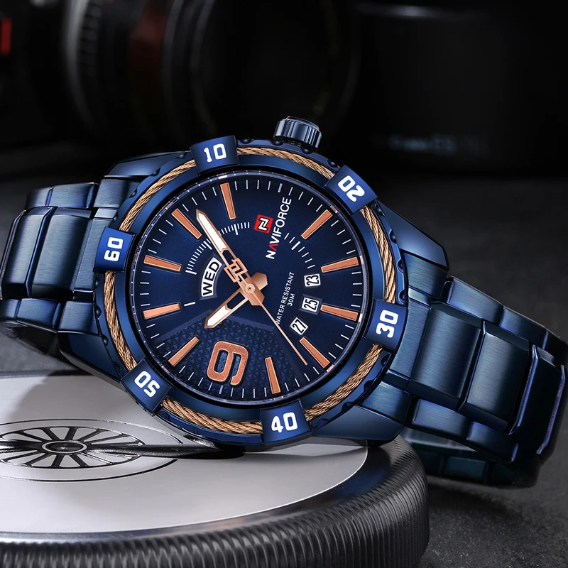 Часы NAVIFORCE мужские водонепроницаемые с синим циферблатом из нержавеющей стали