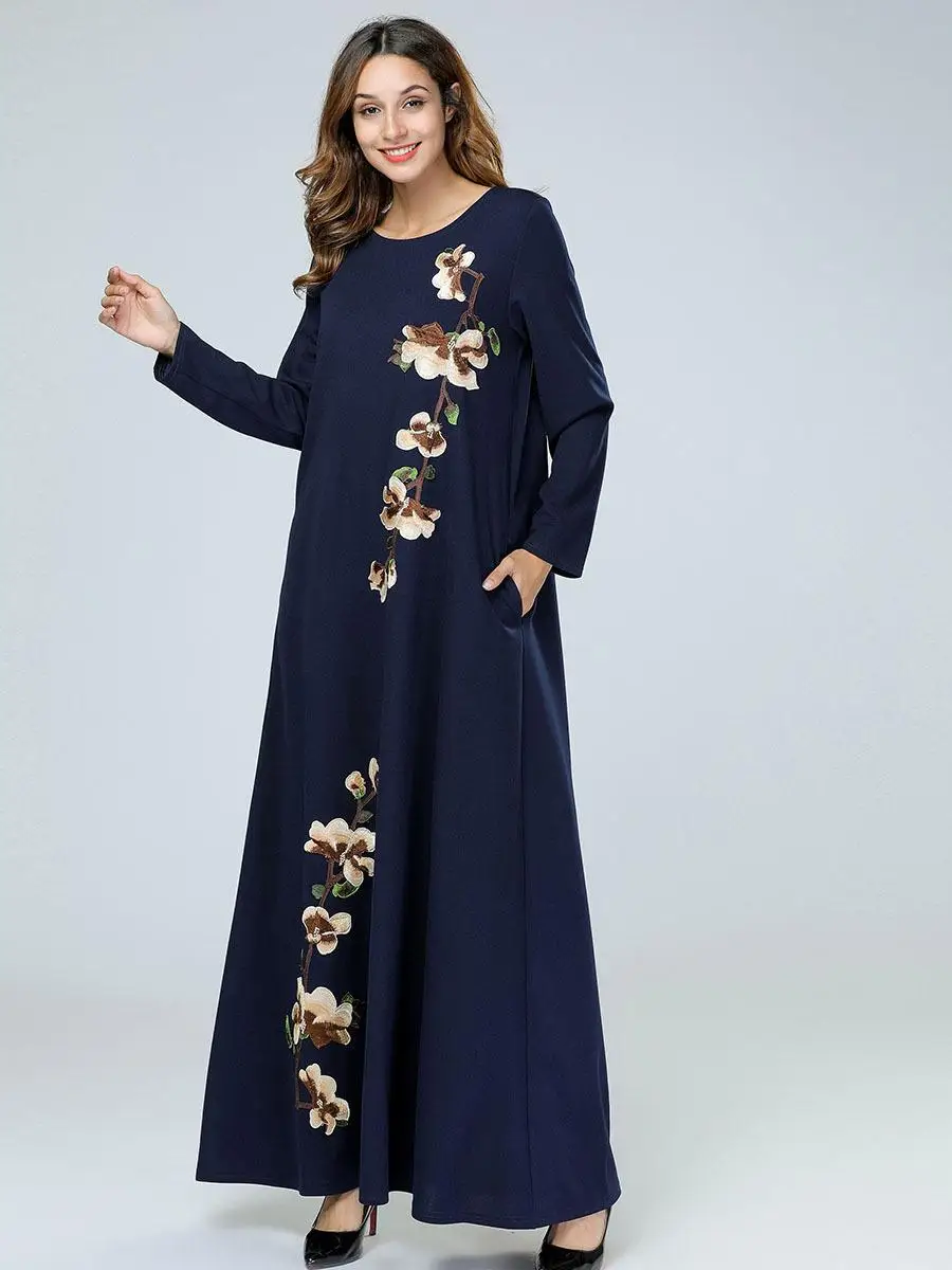 Женское длинное платье с вышивкой Abaya мусульманское макси весеннее длинным
