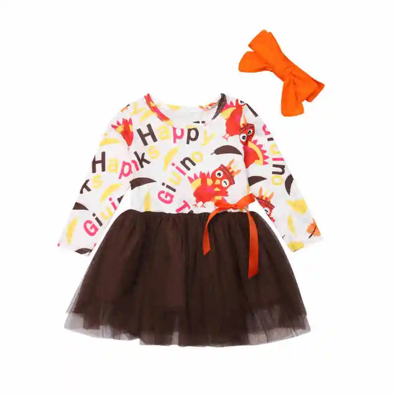 Happy Thanksgiving Toddler Kids Baby Girls Dress Autumn Letter Patchwork Long Sleeve Turkey Party Tutu Lace Dresses Headband | Детская