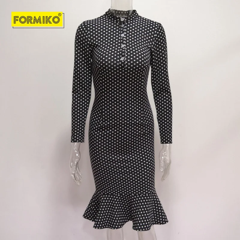 Formiko Женское платье в горошек волановый низ длинные рукава. Сексуальное