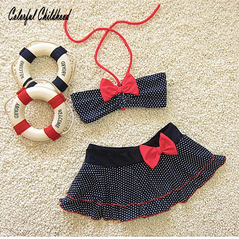 Baby girl bowknot&ampdot swimwear sweet 2 pcs sling tops+skirt students style beach pool wear ruffles swimming clothing 1-7Y | Мать и
