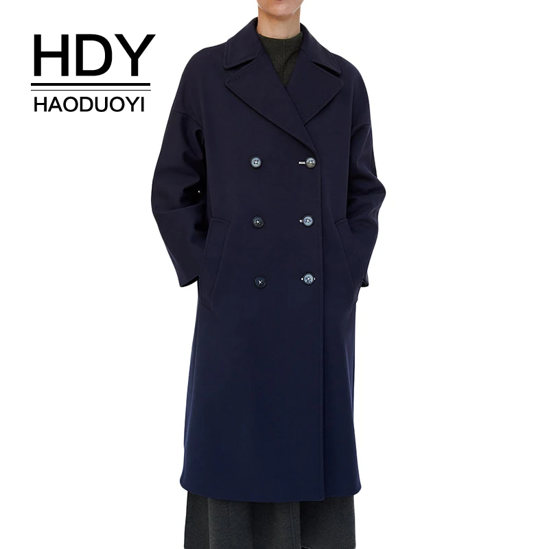 Женское двубортное пальто HDY haoduoyi темно синее средней длины с длинным