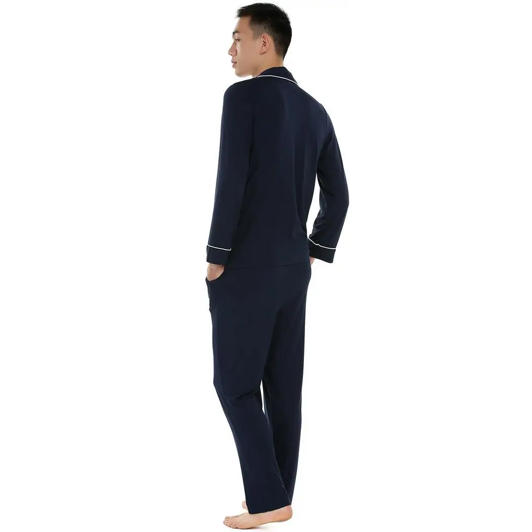 Мужские с длинным рукавом Твердые Turn Down Воротник Loose Pajama Set Nightwear полная длина