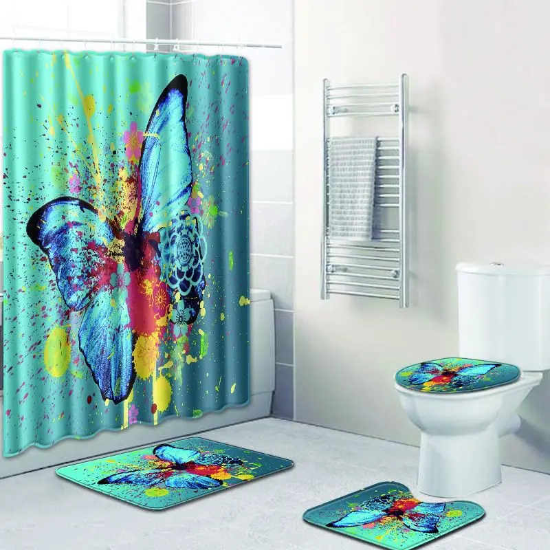 

F Butterfly Bathroom Shower Curtain 4 Piece Bathroom Rug Sets 3D Bath Mats Blue Toilet Mat for Home Decor Carpet Blanket