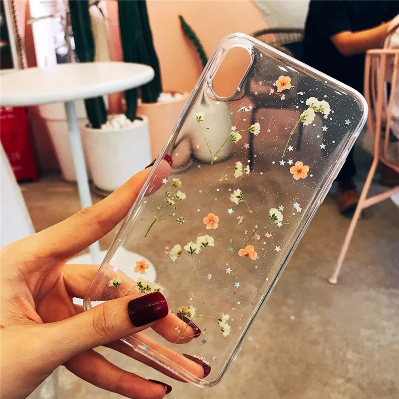 Lovebay Phone Case For iPhone 6 6s 7 8 Plus X XR XS Max Real Flowers Dried Transparent Soft TPU |