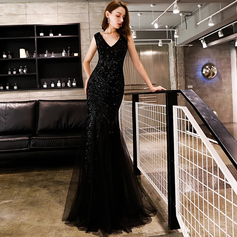 SSYFashion/Новое Сексуальное вечернее платье Русалочки с Черными Блестками в пол без