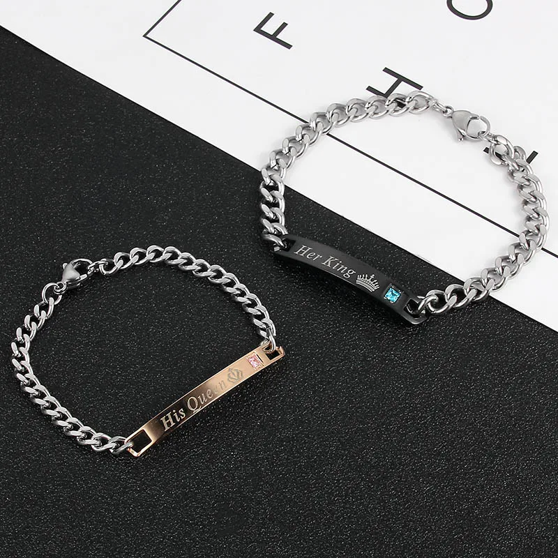 His Queen Her King Couple Bracelets Stain Steel Crystal Charm Bangle For Women Men Fashion Jewelry Birthday Gift images - 6