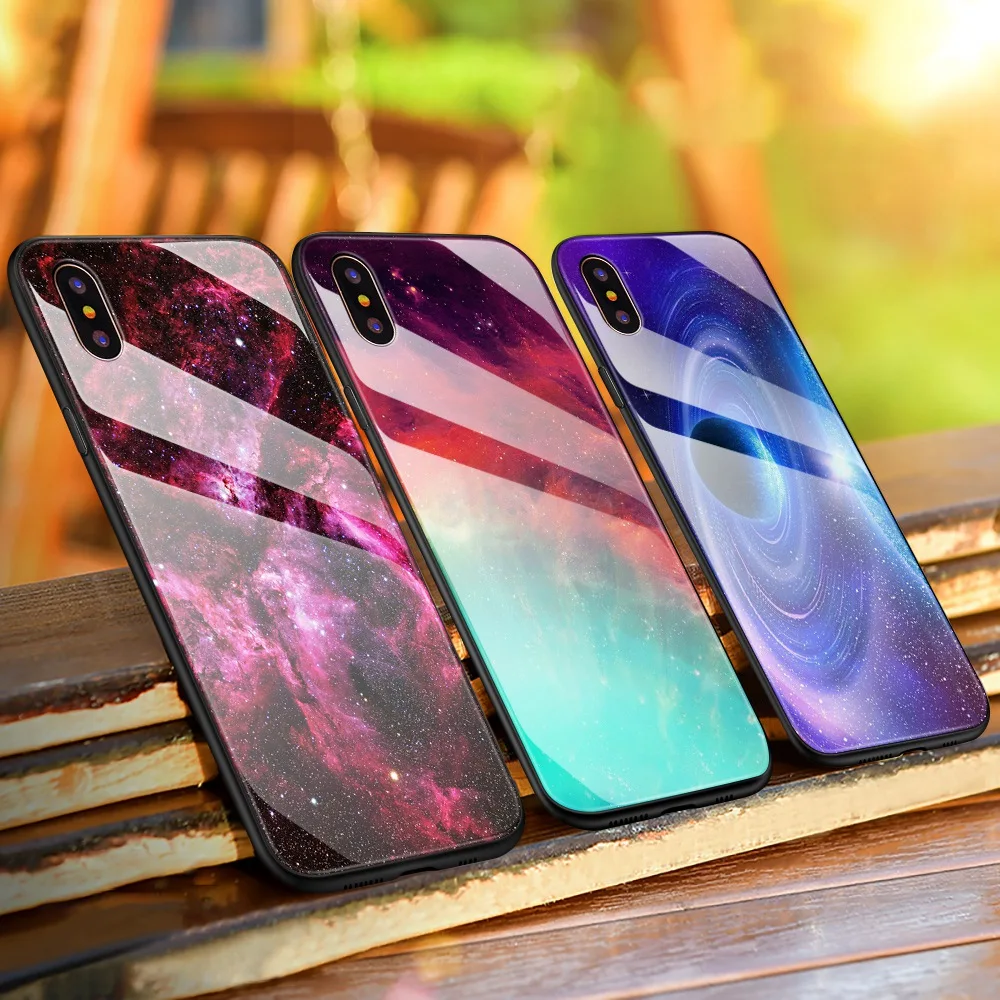 Роскошный Космический Чехол TOMKAS для iPhone X XS MAX XR стеклянный силиконовый чехол