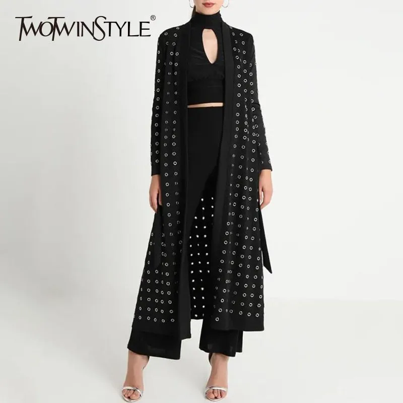 TWOTWINSTYLE Heavy Eyelets Coat Female Cardigan Long Sleeve Lace Up Black Women's Windbreaker Fashion 2018 Autumn New | Женская