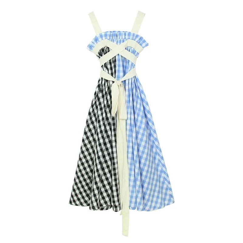 Женское клетчатое платье TWOTWINSTYLE средней длины без рукавов с высокой талией