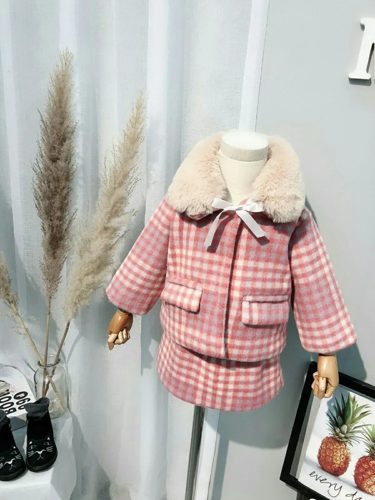 Платье для девочек зимний клетчатый Модный комплект одежды с меховым воротником