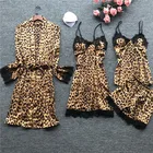Женские пижамные комплекты с брюками, атласная одежда для сна, пижама из 4 предметов, пикантная кружевная Пижама для сна и отдыха, шелковая пижама с леопардовым принтом