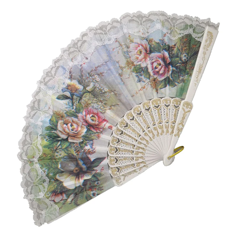 

Hot Sale Hollow Out Rib Peony Print Lace Trim Folding Fabric Hand Fan Colored