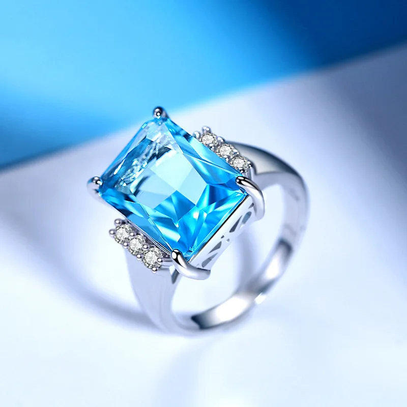 Fashion Desgin Woman Rings Big Square Blue CZ Cubic Zircon Stone Silver Birthday Party Wedding Gift Jewelry Yüzük | Украшения и