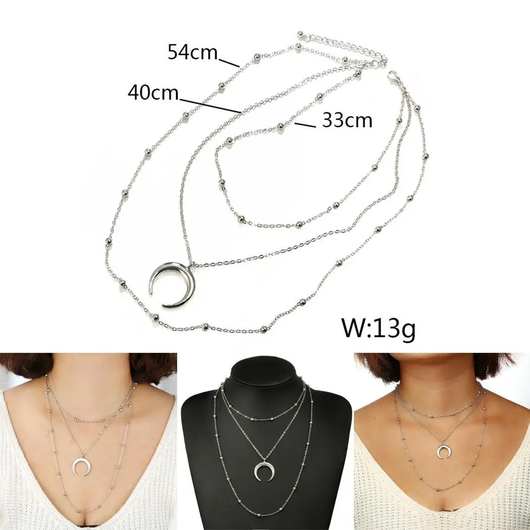 Women Fashion Retro Three Layers Moon Pendant Necklace Casual Lobster Buckle Link Chain Silver | Украшения и аксессуары