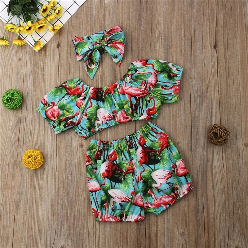 3 предмета футболка с принтом фламинго шорты и повязка на голову|Комплекты одежды