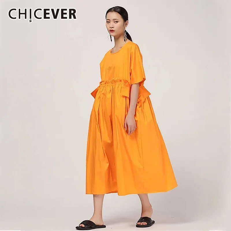 CHICEVER летнее повседневное однотонное женское платье с круглым вырезом и коротким