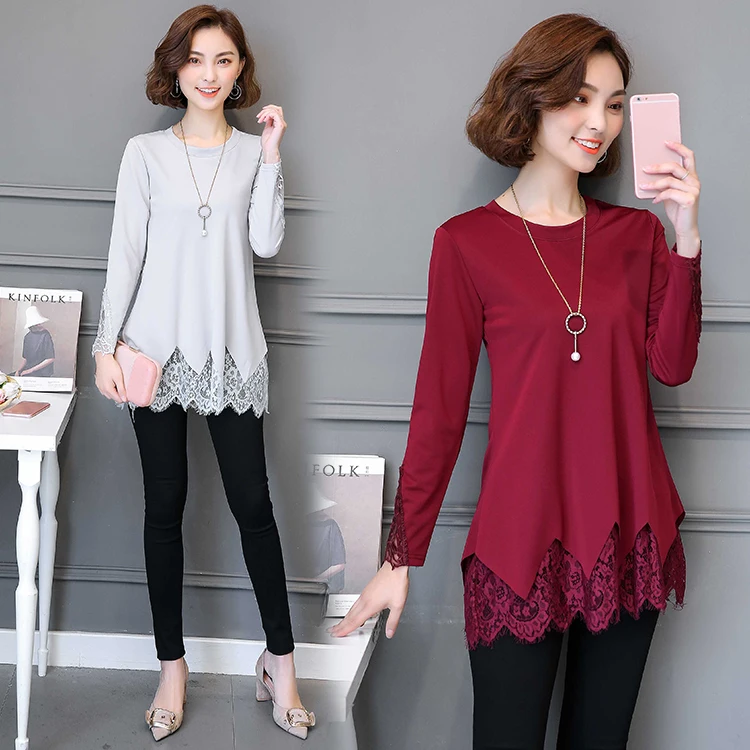 Winter Basic Shirts Blouses Hot Sales Women Fashion Long Sleeve Patchwork Hollow Out Top Pink Black Lace Tunic Blouse 3712 |