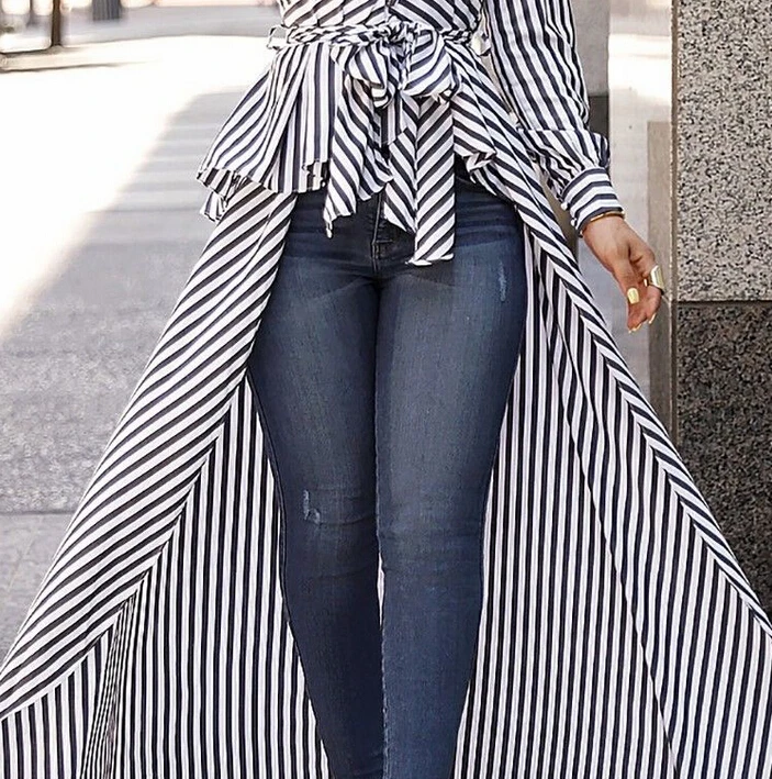 Fashion Women Elegant Long Blouse Hot 2019 Sexy Stripe Sleeve V Neck Tops Tunic Woman Spring Fancy Shirt S-XL | Женская одежда