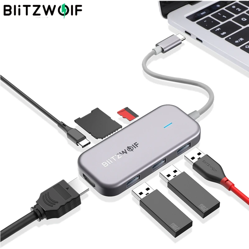 BlitzWolf USB C HUB 4K Type C to USB 3.0 RJ45 HDMI-compatible PD 100W Adapter For Macbook Air Pro iPad Pro PC Accessory USB HUB