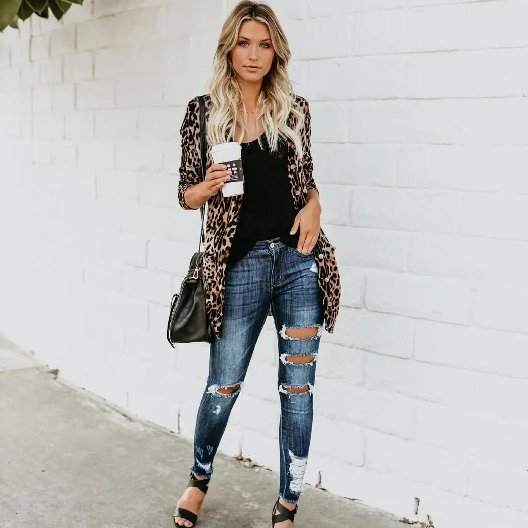 Women Casual Long Sleeve Leopard Print Button Open Front Cardigan Street Outdoor etc Spring Autumn Pocket |
