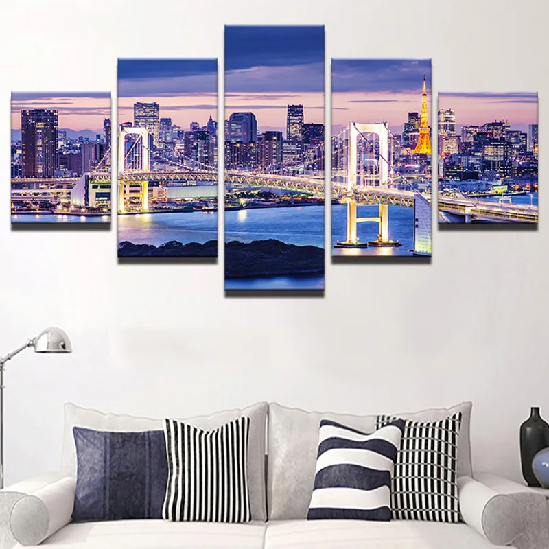 5 Панель Токио Радужный мост Ночной пейзаж живопись Wall Art Печать на холсте