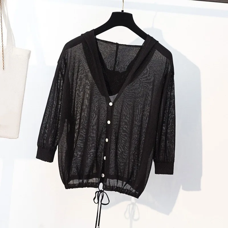 Hot Sale Female Hooded Lace-Up Knitted Sweaters Solid Ladies Spring Summer Single Breasted Thin Cardigans |