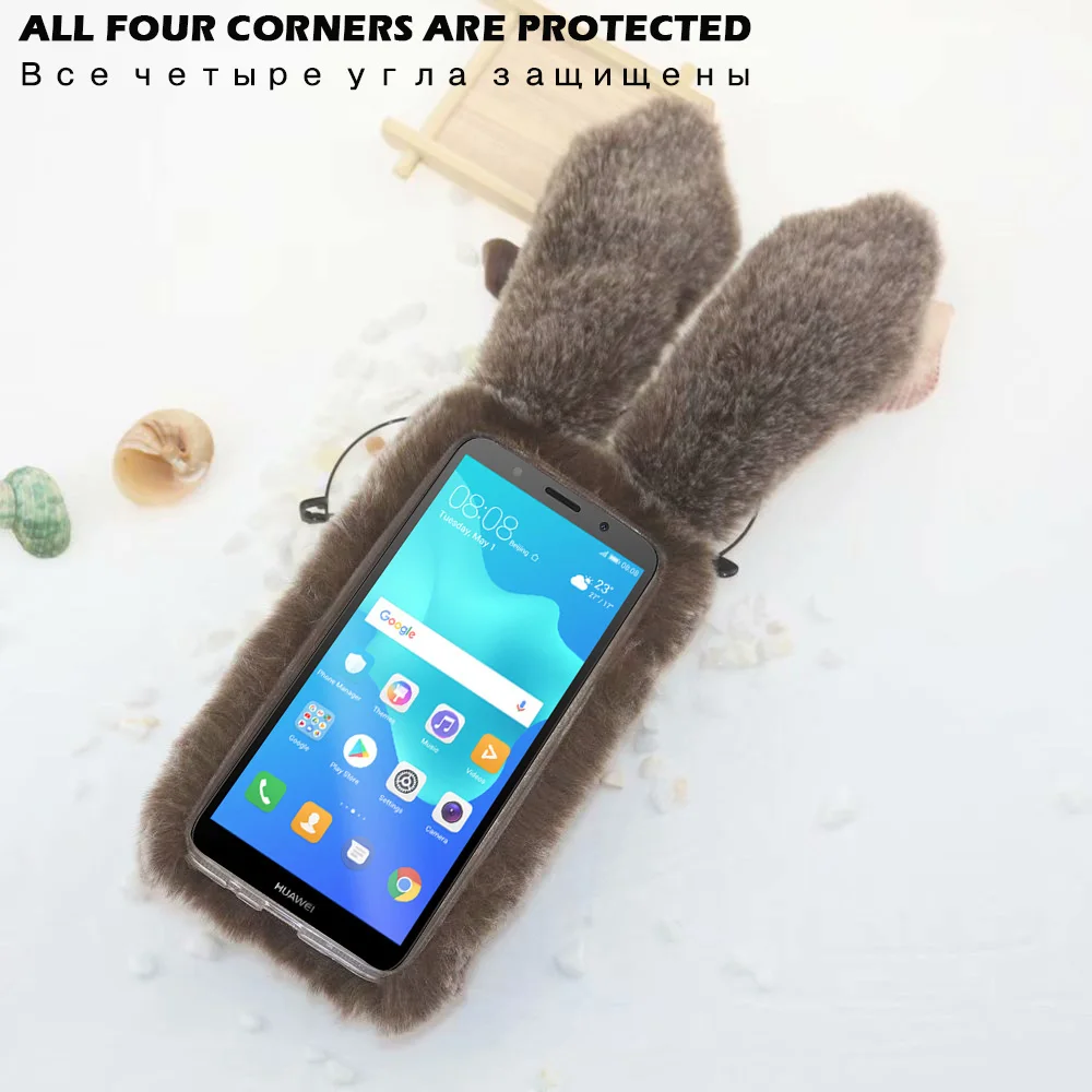 Для Huawei Honor 7A 7C 8X кроличий мех теплый зимний плюшевый чехол со стразами для