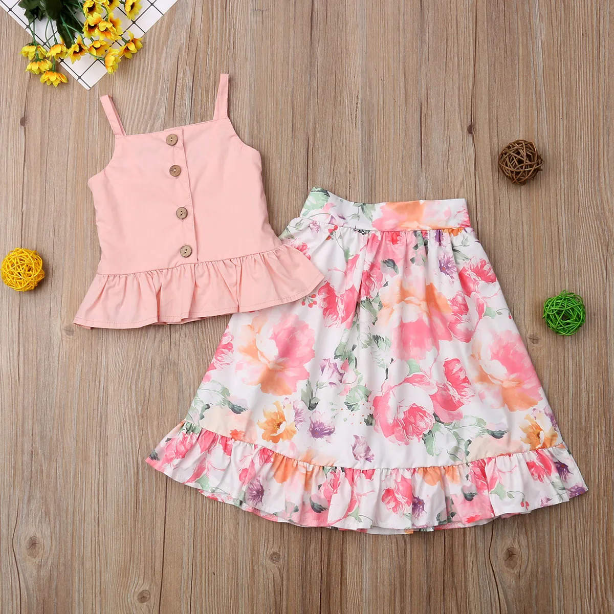 Citgeett Toddler Kid Baby Girl Strap Pink Blouse Tops Floral Skirt 2Pcs Outfits Summer Set Clothes | Мать и ребенок