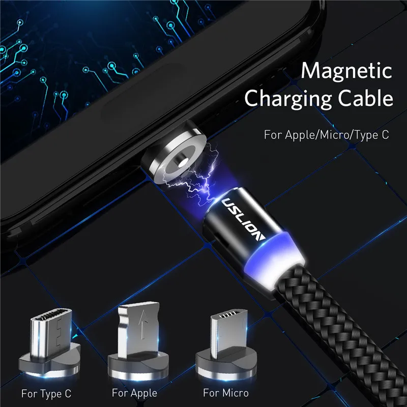 USLION 1 м светодиодный магнитный USB кабель зарядные устройства для iPhone Xs Max 8 7 6 и usb type
