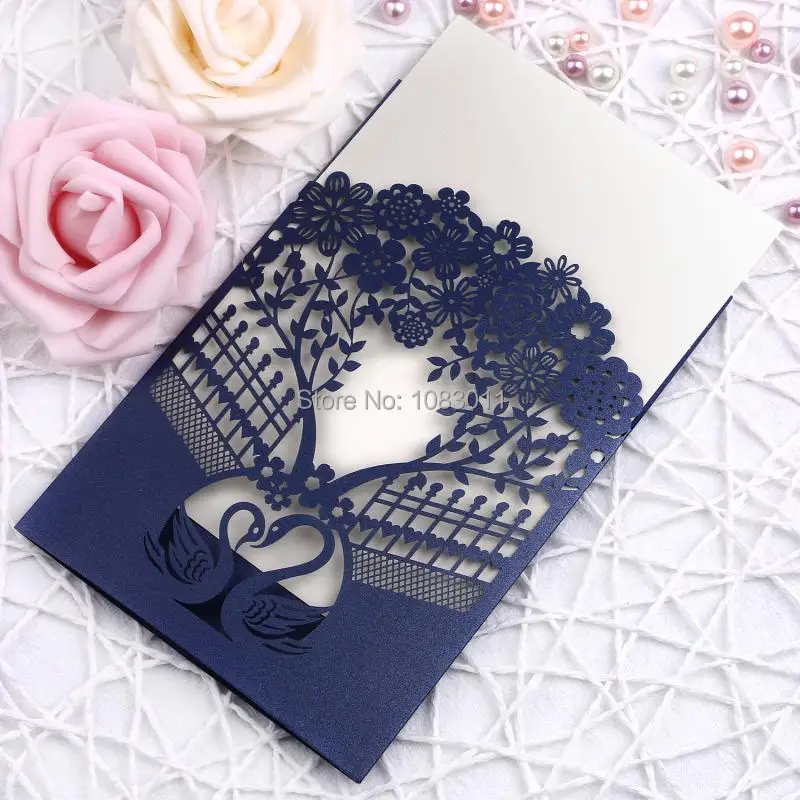 PONATIA 25Pcs Navy Blue Laser Cut Wedding Invitations Cards Hollow Heart Rose for Engagement Birthday Bridal Shower Invites | Дом и сад