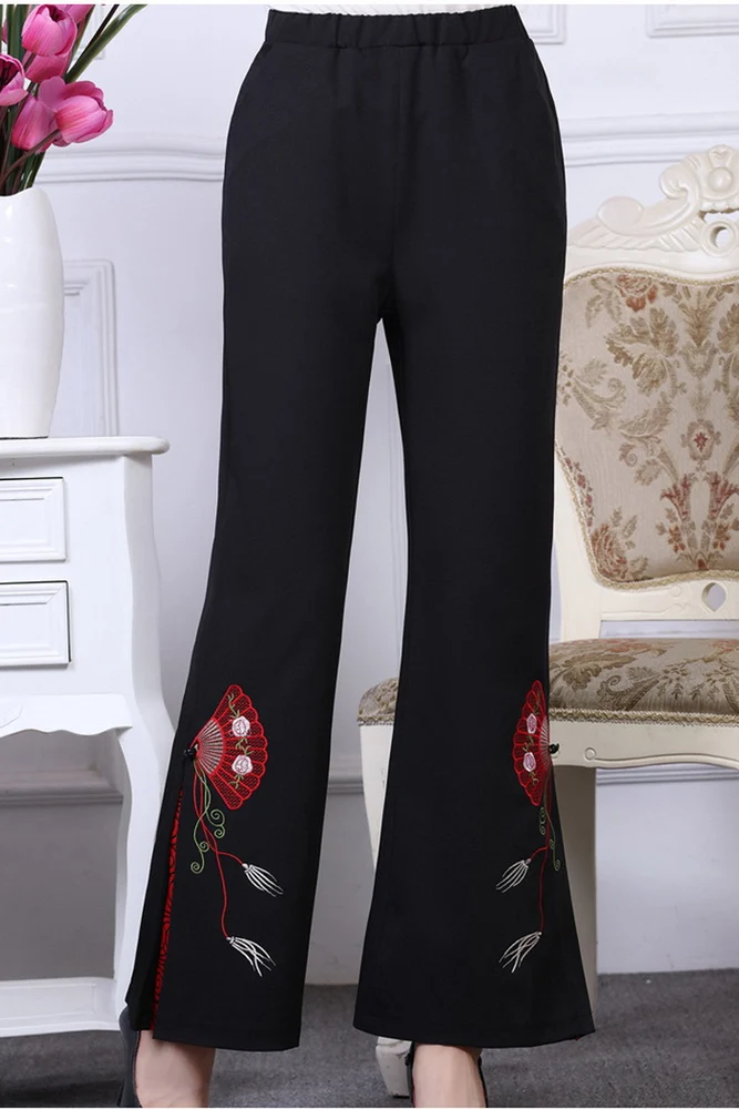 

Plus Size Women Spring Summer Casual Elastic Waist Flare Pants Vintage Floral Embroidery Trousers Female Full-length Length Pant