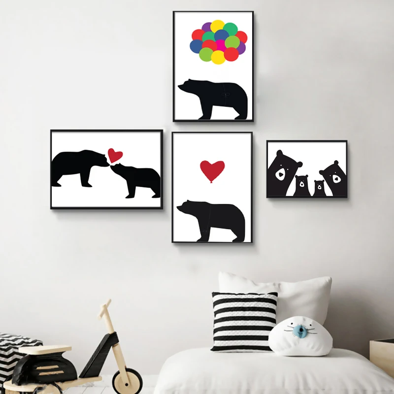 Cute Cartoon Animal Black and White Bear Family Canvas Painting Poster Print Nordic Wall Art Picture Nursery Kids Bedroom Decor | Дом и сад