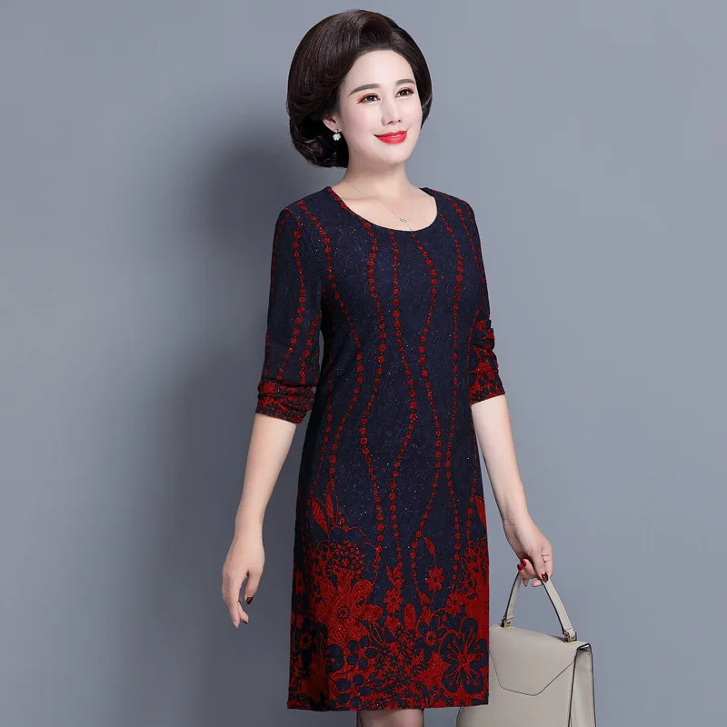 

Autumn Winter Middle Aged Women Dress O Neck Long Sleeve Floral Print Ladies Loose Casual Party Robe Dresses Plus Size