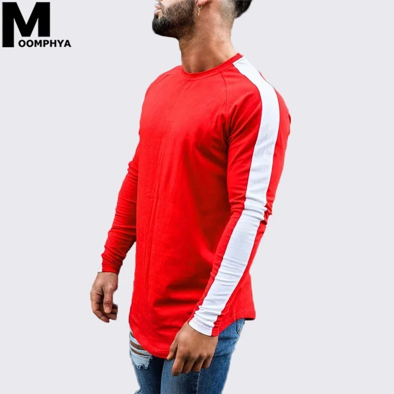 

Moomphya 2019 New Side stripes long sleeve men t shirt Streetwear curved hem skinny t-shirt for men Hip hop stylish funny tshirt