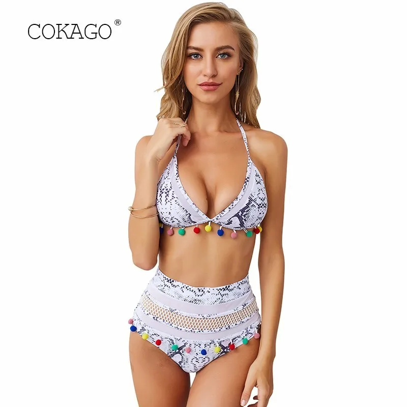 COKAGO красный завязки на шее Высокая талия Микро Бикини Push Up Sexy сетки плюс размеры